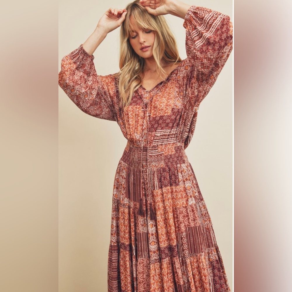 Patchwork Smocked Waist MIDI Dress